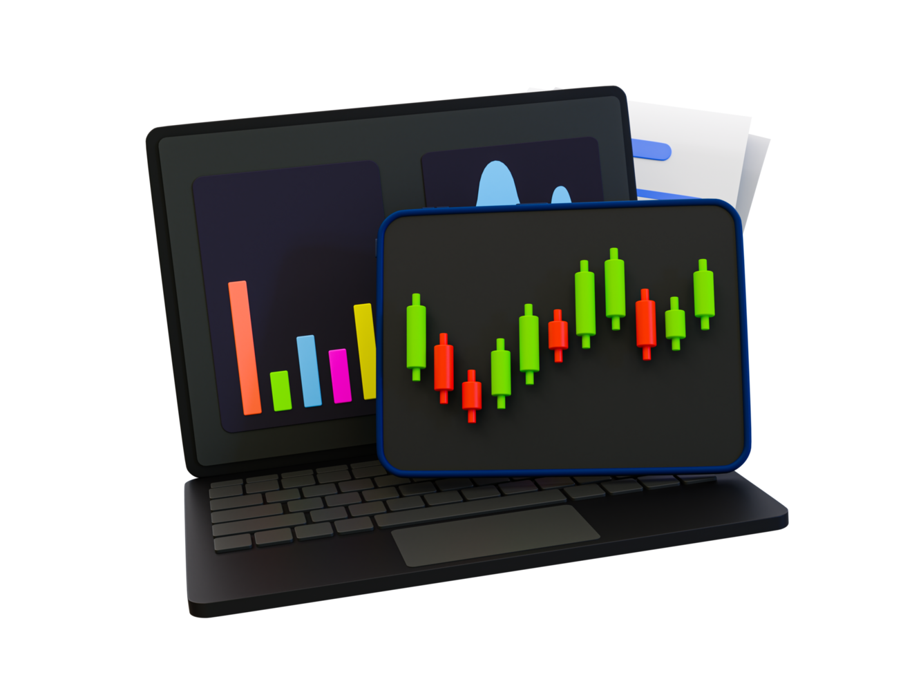 3d-minimal-trading-charts-stock-market-forecasting-stock-market-analysis-marketing-strategy-stock-market-candle-with-a-laptop-with-statistic-graph-3d-illustration-free-png